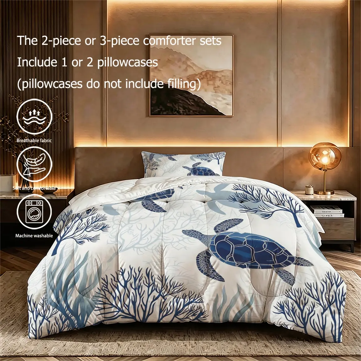 2/3pcs (1 comforter + 2 pillowcases) Coastal Ocean Sea Turtle Print Comforter Bedding Set, Microfiber Soft Lightweight All-Season Bedding, Fade Resistant Breathable Machine Washable, Ideal for Bedroom Guest Room Dorm Home, Printed Bedding Set
