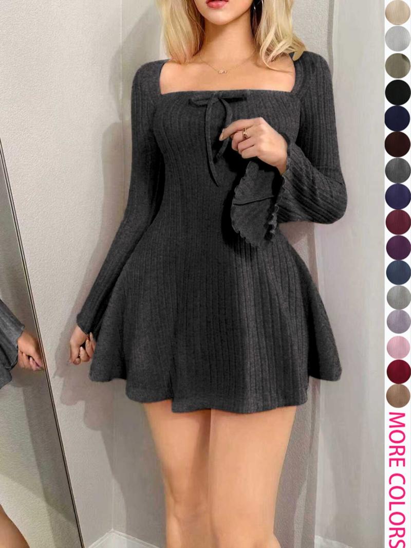 Y2K Style Women's Long Sleeve Mini Dress with Square Neck and Flare Sleeves, Casual for Spring & Fall