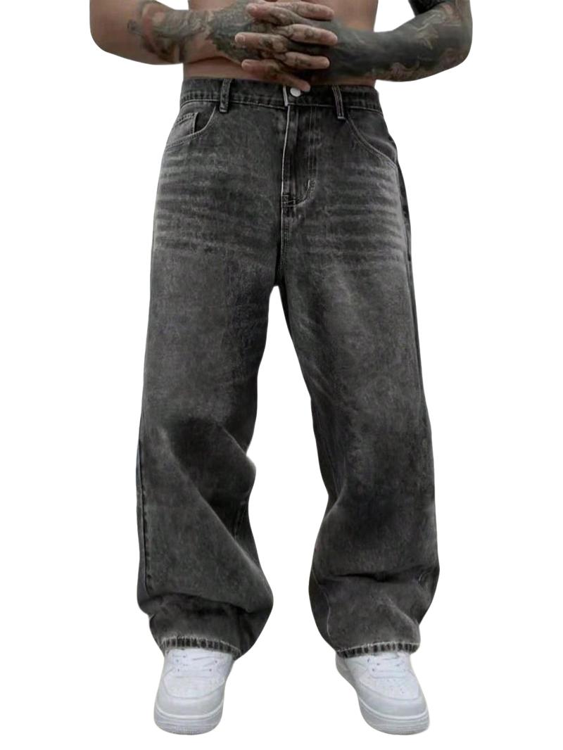 Men's Loose-Fit Denim Jeans, Fashionable Street Style Hip-Hop Washed Jean Pants, Comfortable All-Season Wear, Trendy American Design