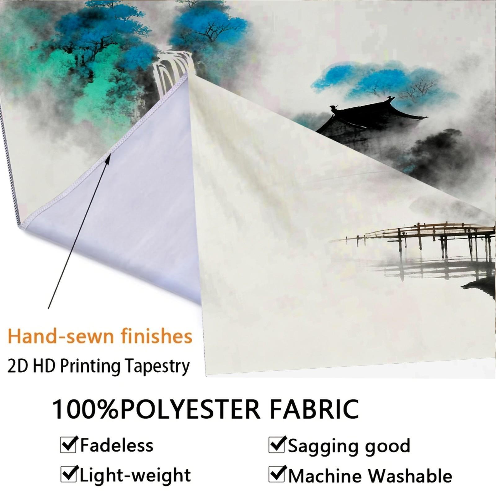 1 Piece Asian Ink Wash Mountain Landscape Printed Tapestry, Ink Wash Style Wall Hanging, HD Digital Print Living Room Bedroom Wall Tapestry, Fadeless Machine Washable Wall Decor, Multi-Purpose All-Season Tapestry for Living Room Bedroom