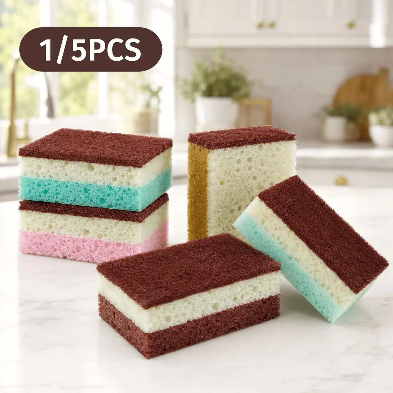 1/5pcs Three-Layer Seaweed Cleaning Sponges, Dishwashing Sponges, High-Quality Kitchen Sponges, Durable Non-Scratch Wiping Sponges, Super Absorbent, Cleaning Supplies, Cleaning Tools, Cleaning Cloths, Kitchen Cleaning Brushes.
