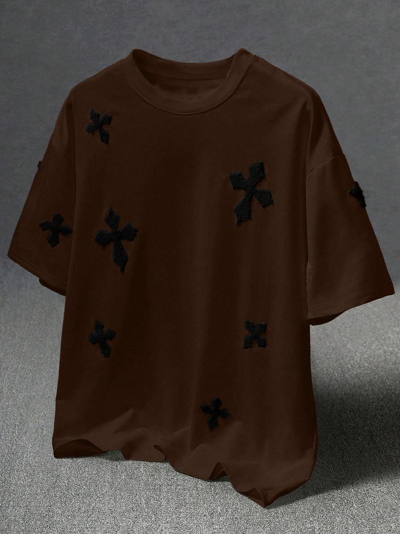 Men's Cross Stitch Embroidered Solid Color Round Neck T-Shirt, Casual Fitted Long Sleeve Top for All Seasons, Sporty College Style