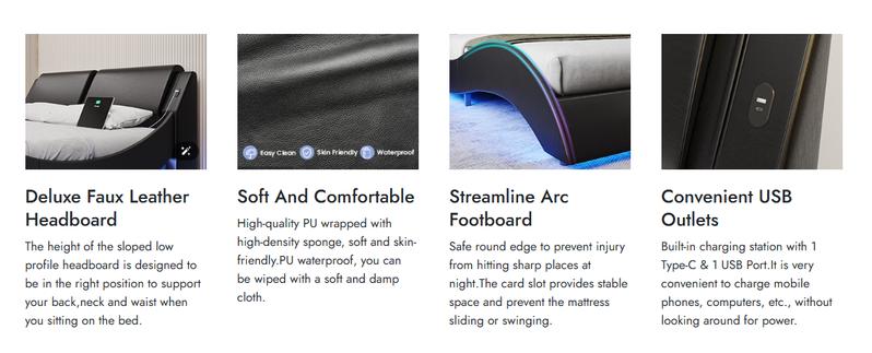 Sikaic  Wave Like Curve LED Lighting Bed Frame with Charging Ports and Headboard Black Furniture Home Modern Design Luxury Futuristic Interior Remote Control Technological