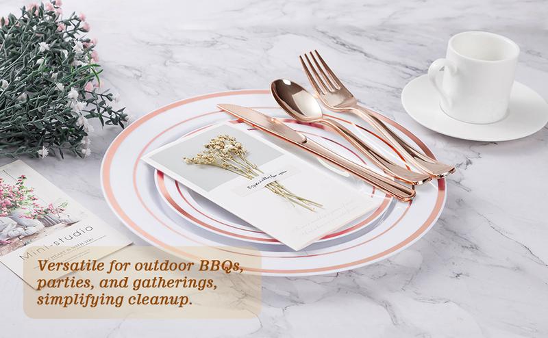 GOODLUCK 200PCS White Plastic Plates with Double Rose Gold Rim 100 Large Dinner & 100 Small Dessert Plates Elegant Durable Disposable Tableware for Christmas Weddings Birthdays and Holiday Parties BPA-Free & Sturdy - Gatherings