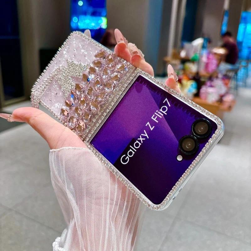 Luxury Rhinestone Butterfly Cute Phone Case For Samsung Galaxy Z Flip 7 6 5 4 Z Flip6 ZFlip7 Cover Korean Hard Cases ZFlip7 Capa