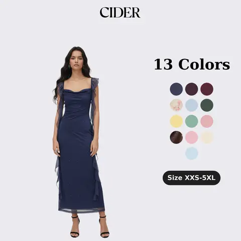 Cider Cowl Neck Solid Glitter Ruffle Hem Maxi Dress