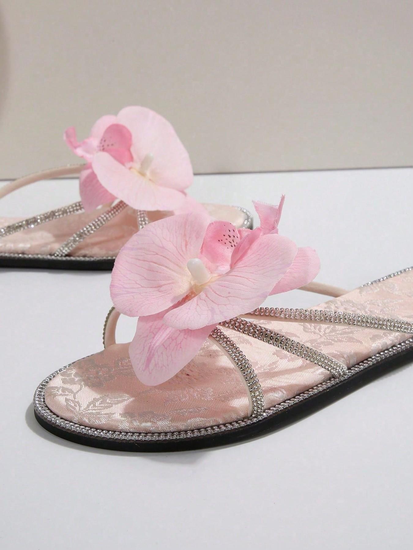 French 3D Flower Rhinestone Design Cute Fairy Commute Party Stickers, Soft Sweet Style Flat Sandals for Beach Wedding Office Home Outdoor Summer