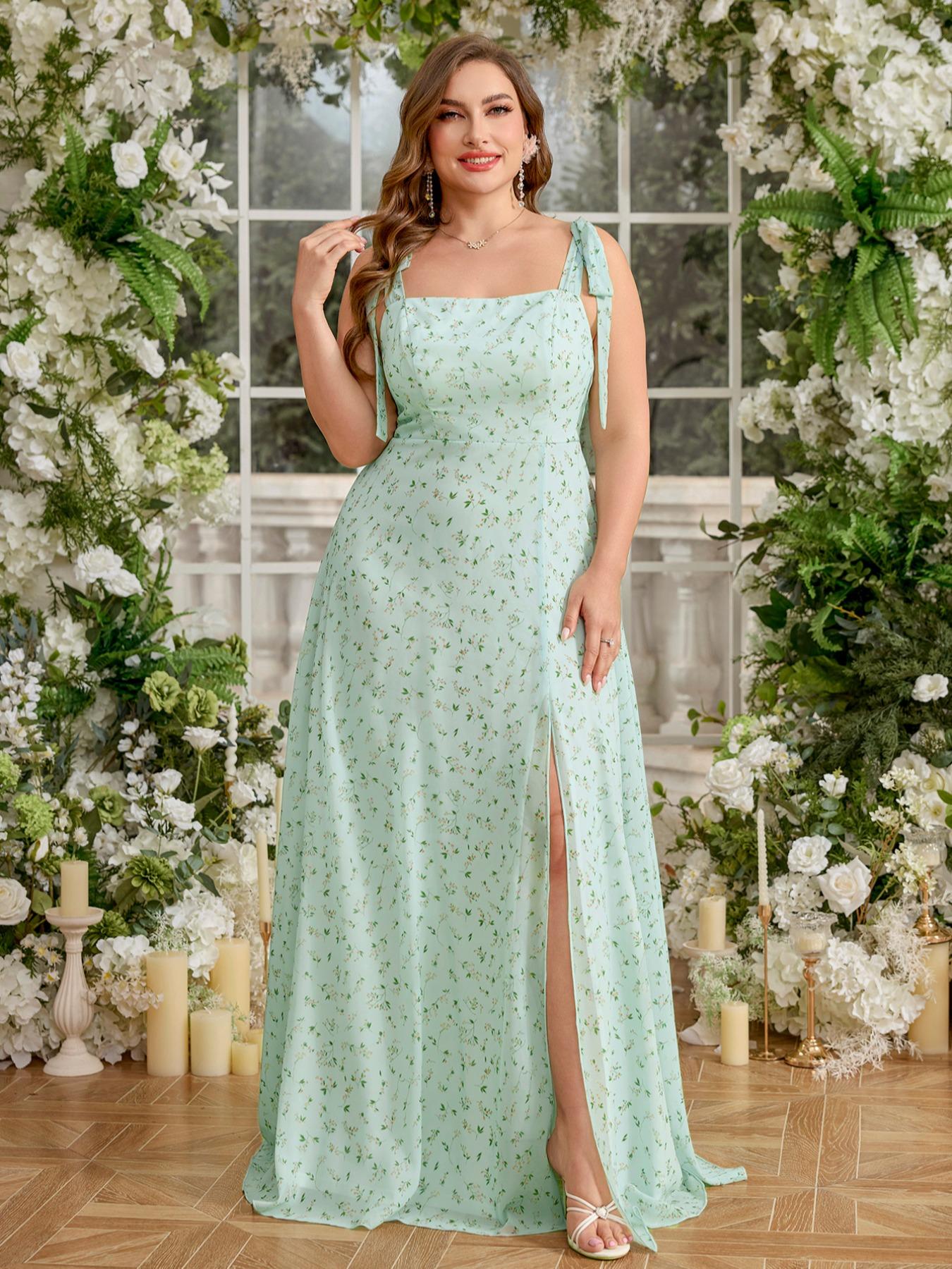 Elegant Fitted Sleeveless Square Neck Backless High Slit Maxi Chiffon Bridesmaid Dress, Random Cut, Digital Print, Party Wear, Womenswear