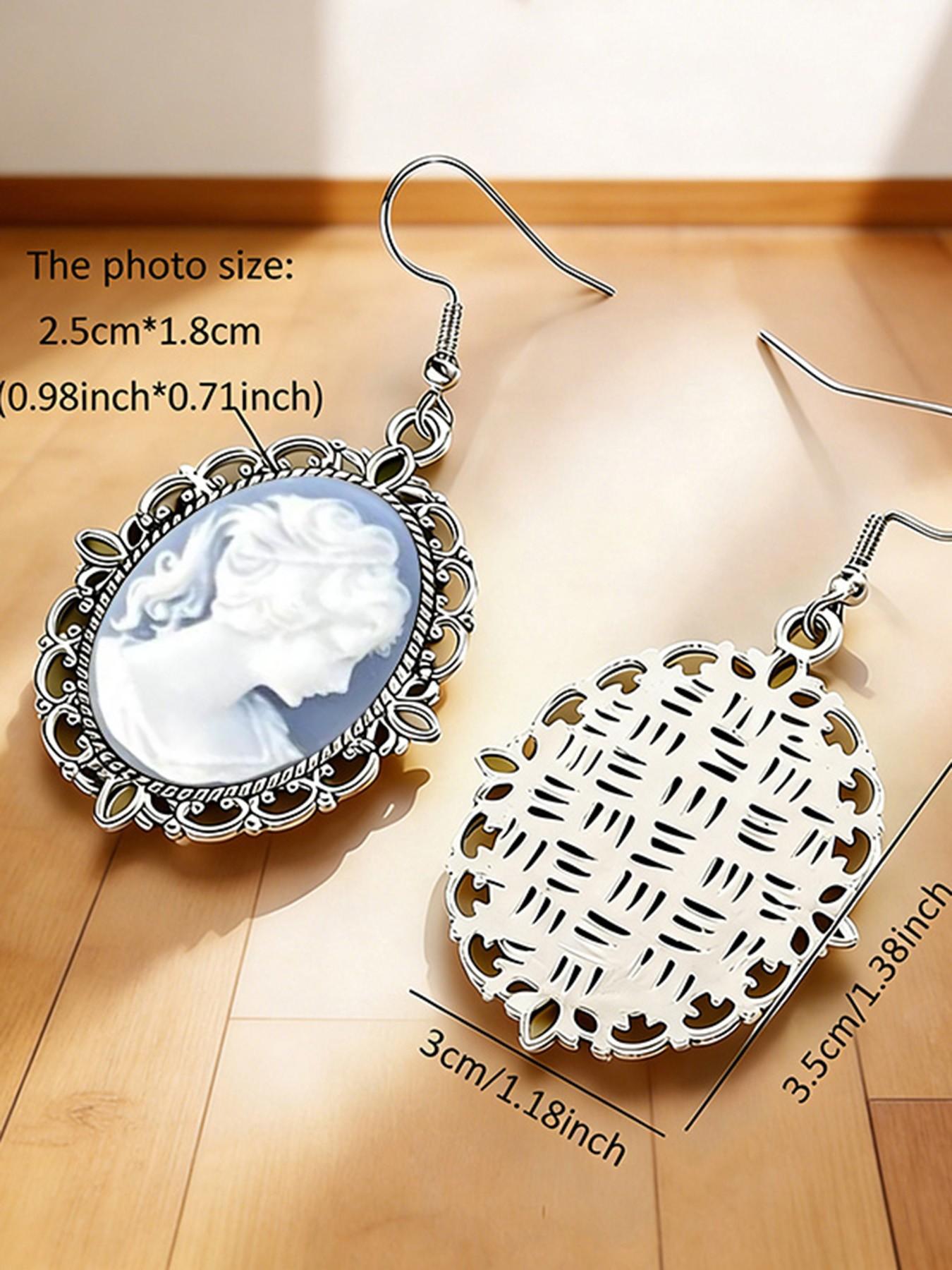 Vintage Oval Female Cameo Dangle Earrings European Classic Silver Plated Earrings For Women Jewelry Accessories Gifts