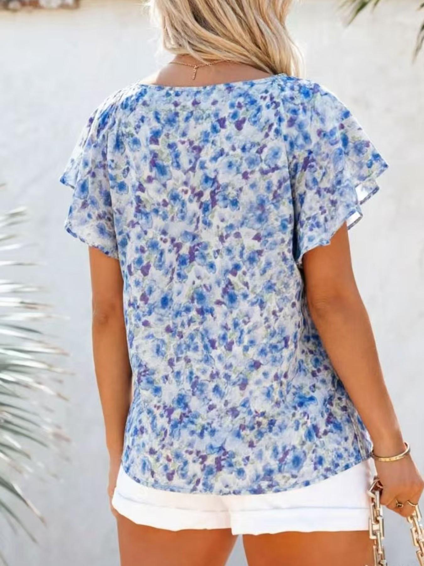 Women's V-Neck Printed Short Sleeve Loose Fit Casual Pullover Shirt, Comfortable and Stylish Top for Daily Wear, Perfect for Relaxing Days