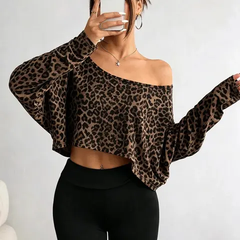 Vintage Wild Leopard Print Long Sleeve Top, Adjustable Shoulder Design, Loose Fit, Short Hem, Casual Style, Perfect for Daily Wear