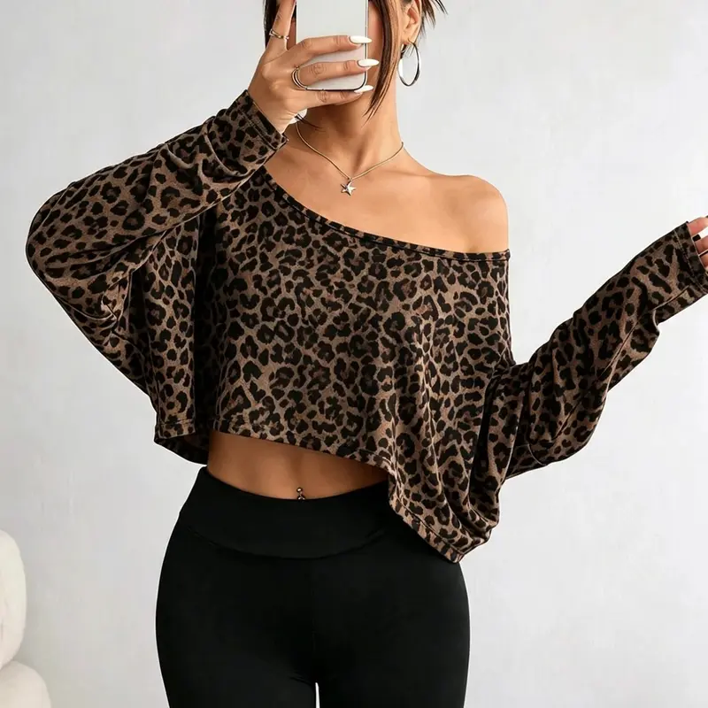 Vintage Wild Leopard Print Long Sleeve Top, Adjustable Shoulder Design, Loose Fit, Short Hem, Casual Style, Perfect for Daily Wear