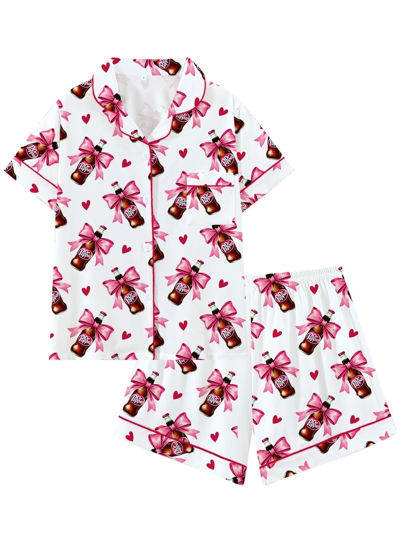 Teen Dr Pepper Collar Short Sleeve Pajama Set, Comfortable Sleepwear, All-Season Loose Fit, Animal Pattern, Perfect Gift