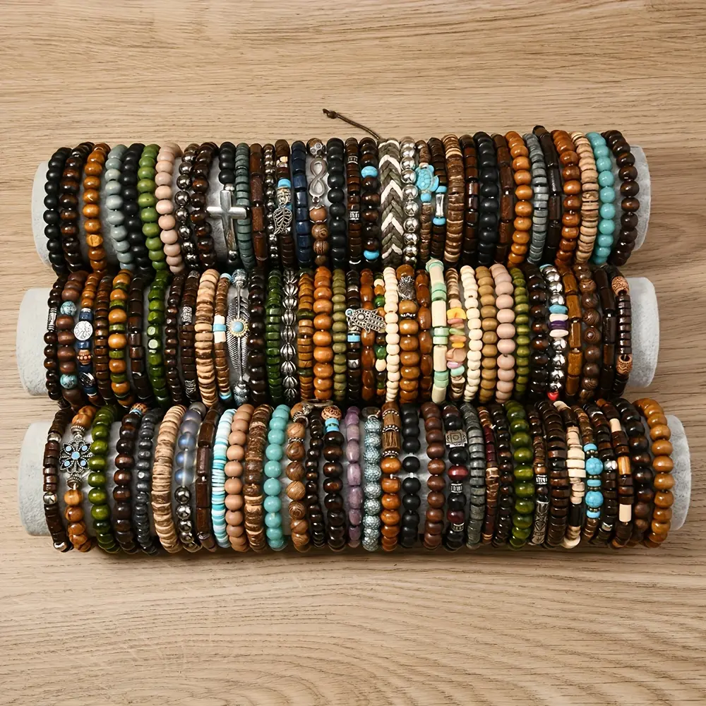 Men's Vintage Stacking Bracelet Set - 25 Random Coconut Shell Wood Beads, Flexible Stretch Cord, Adjustable, Unisex Men's Jewelry, Wood-Based & String Beads Bracelets & Bangles, Christmas Gift