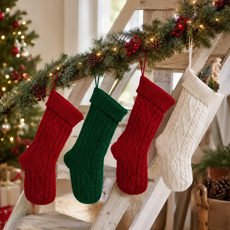 XORAM Cable Knit Wool Christmas Stockings, Large Capacity Knitted Gift Pouches, Hanging Ornaments for Fireplace Mantel & Home Christmas Holiday DecorWAZI01