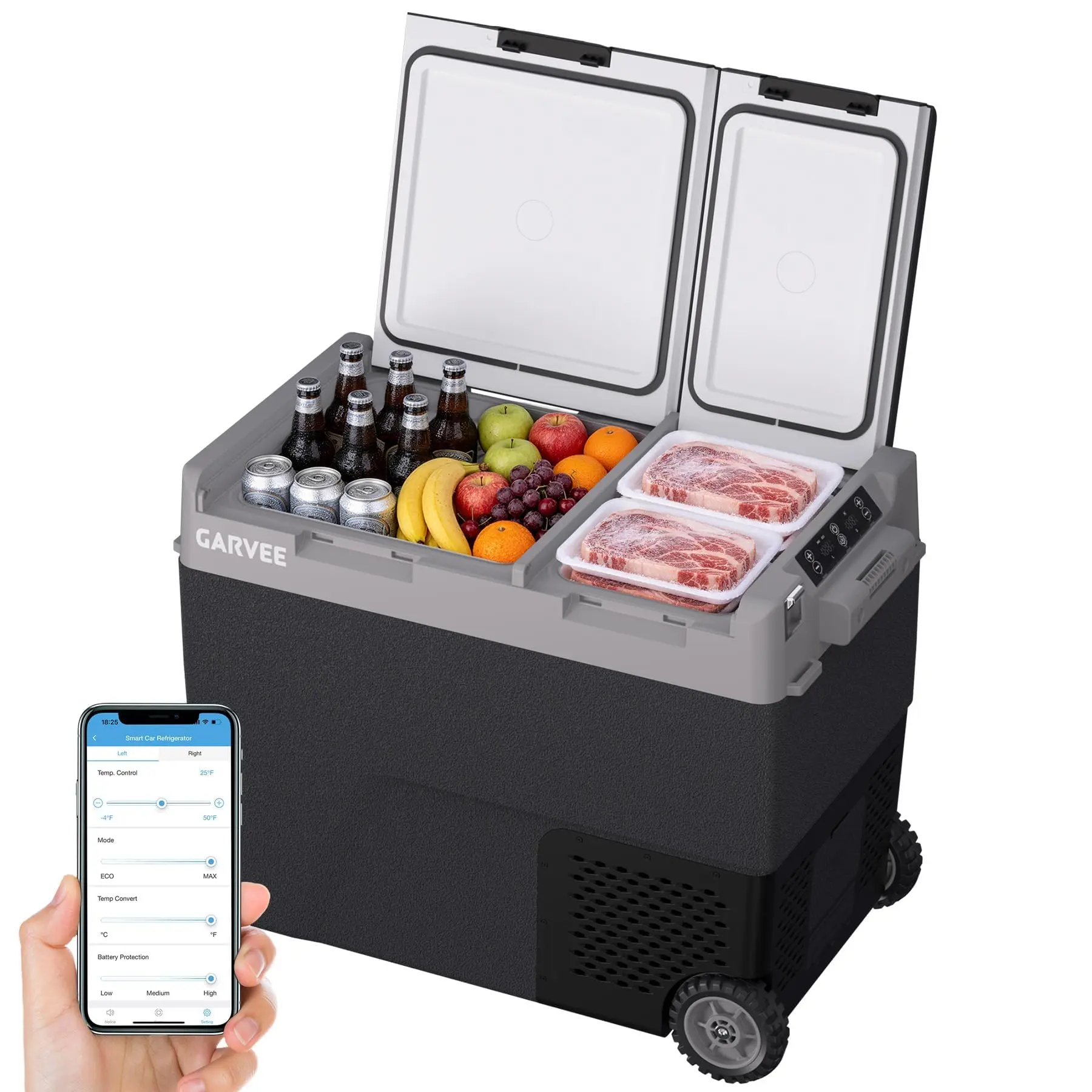 GARVEE Dual Zone Portable Car Refrigerator & Freezer, 40QT/38L or 61QT/58L Compressor Electric Cooler, -4°F to 68°F Adjustable Temperature, 12V/24V DC Power, LCD Display, Battery-Ready Design (Battery Not Included)