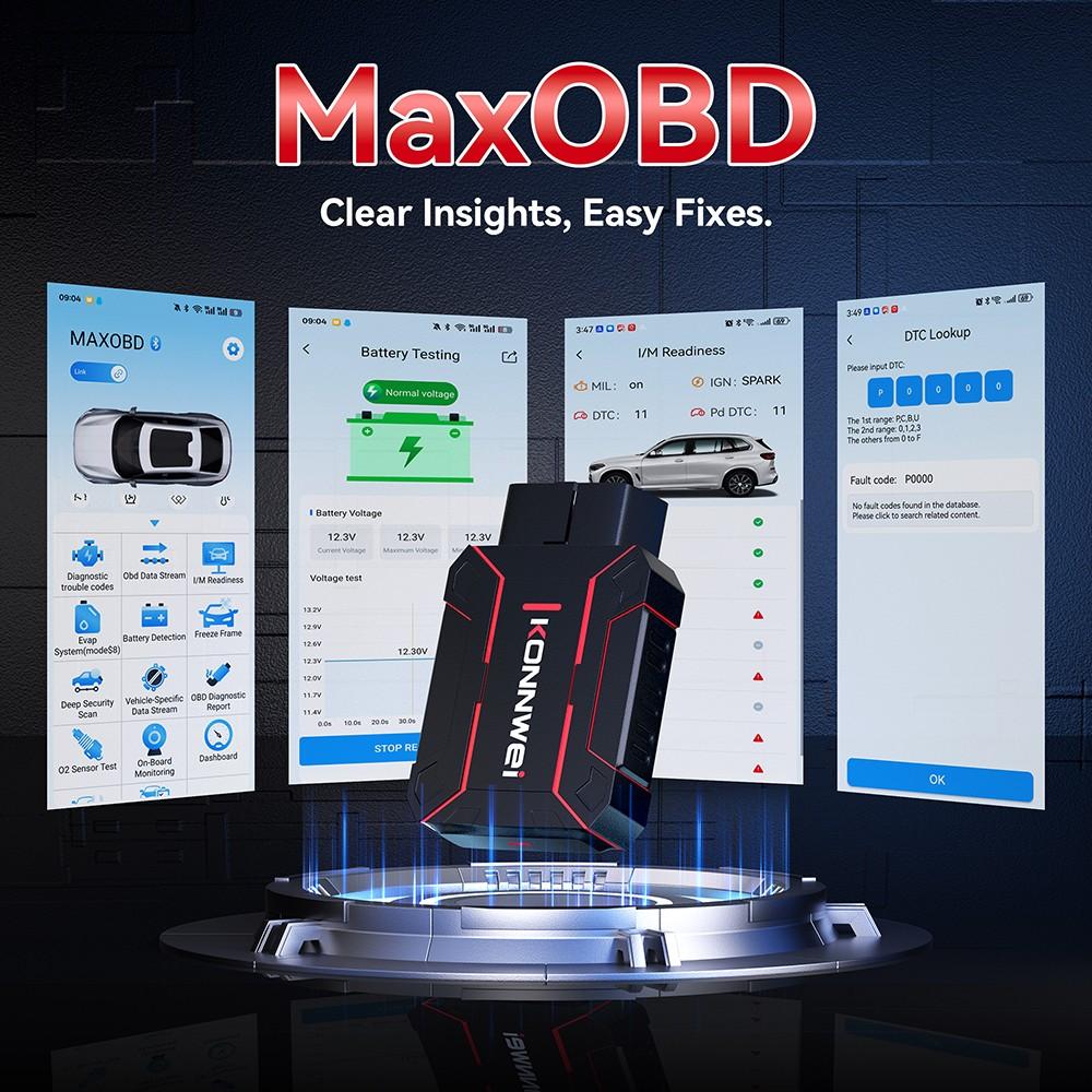KONNWEI MAXOBD Bluetooth5.2 OBD2 Scanner Deep Security Scan, Vehicle-Specific Data Stream, Read/Erase Codes, Data Stream, Battery Check, Diagnostic Report For IOS/Android