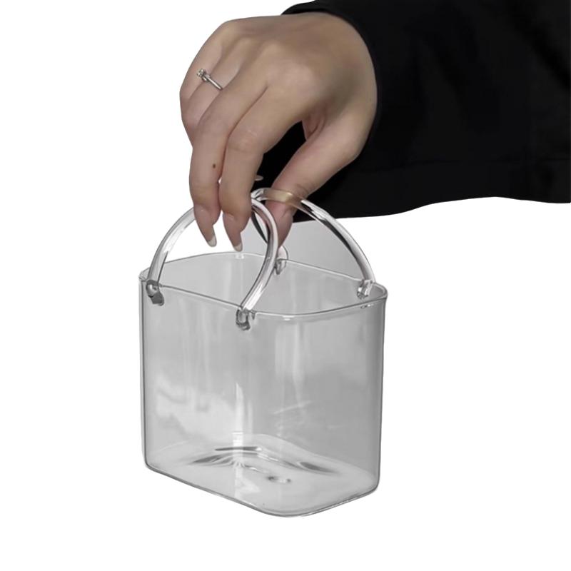 Glass Handbag Shape Cocktail Cup, Unique Handle and Straw Wine Glass Vase, Room Decor Juice Afternoon Tea Flower Picnic Cup