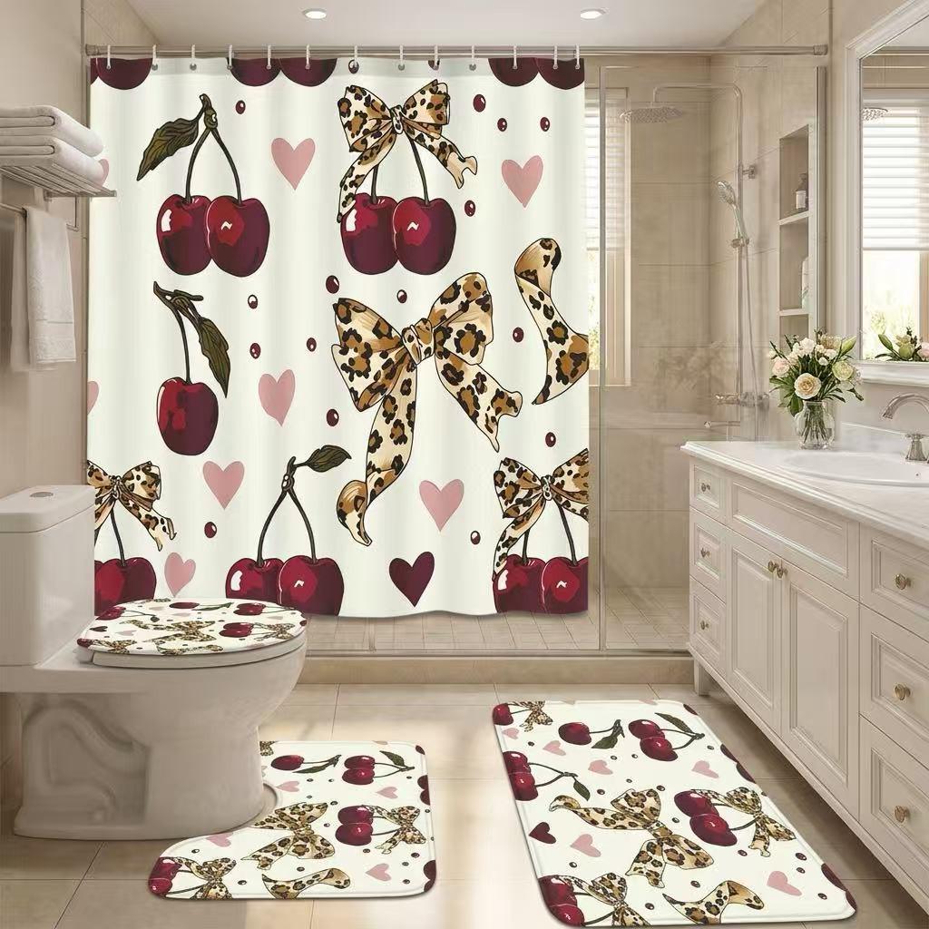 4pcs Shower Curtain Set with Cherries, Leopard Bows, Hearts, Bathroom Decor, Valentine's Day Theme, Romantic Bathroom Style