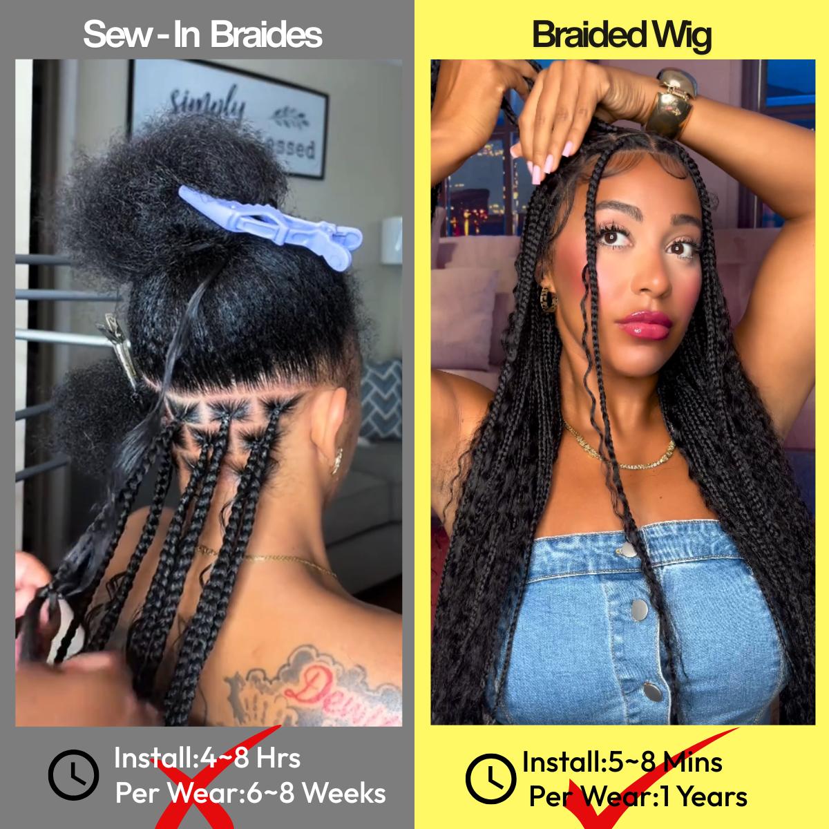 【Human Hair Blend】Sunber Full Lace Boho Braided Wigs With Human Hair Curly Ends 34“ Pre Cut Lace Knotless Box Braid Wigs Island Twist Hairstyle Beginner Friendly SpringStatements