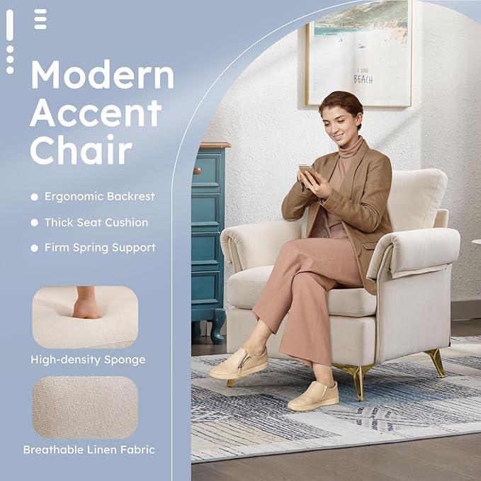 [Stock Up] EBELLO Modern Accent Chair with Armrests, Comfortable and Washable with Solid Metal Legs, Upholstered Single Sofa for Living Room, Bedroom, Office, Beige