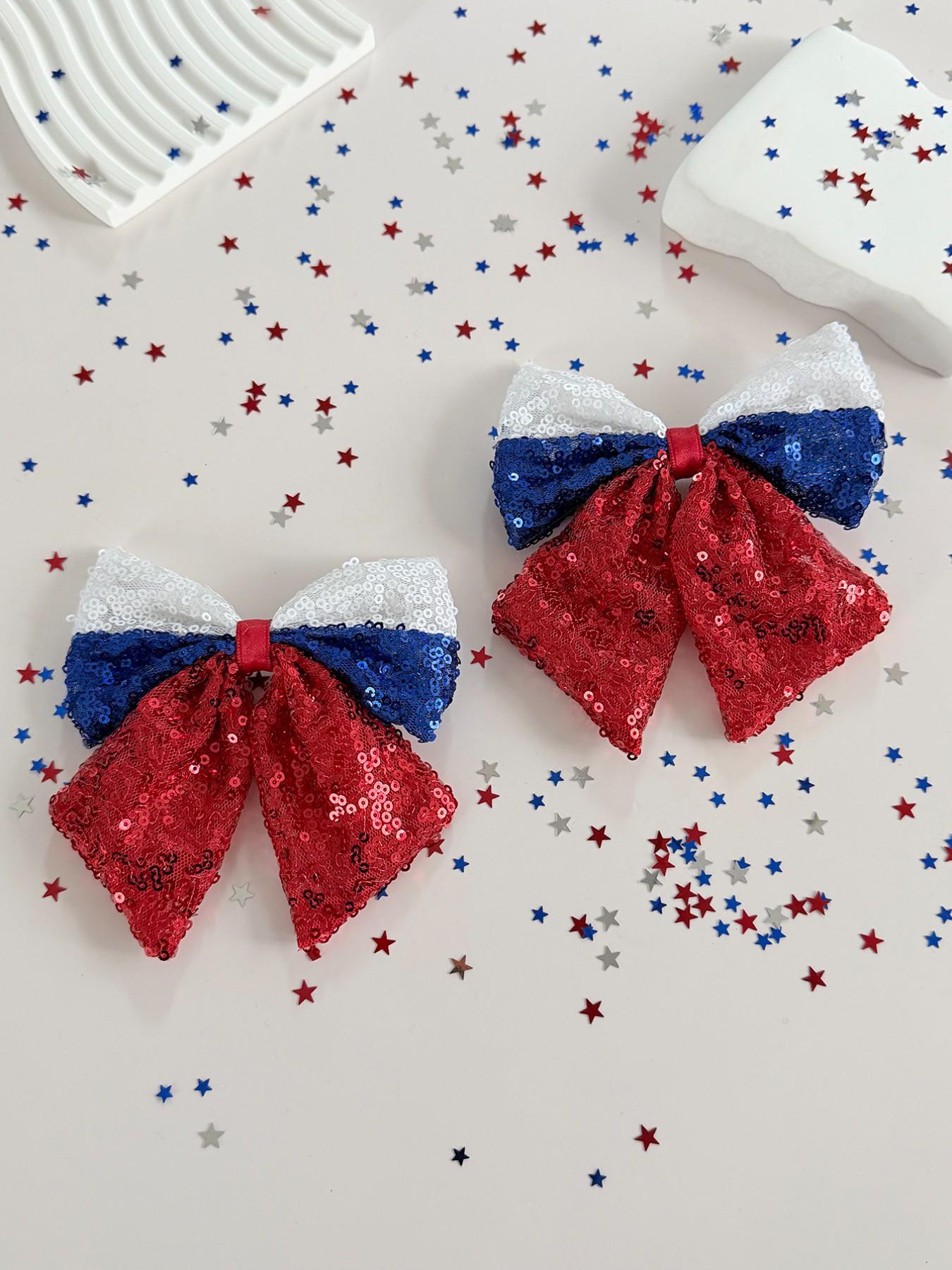 Women's Independence Day Hair Clips Blue Sequins Bow Patriotic Theme Party Headwear, 2pcs Ladies Hair Accessories
