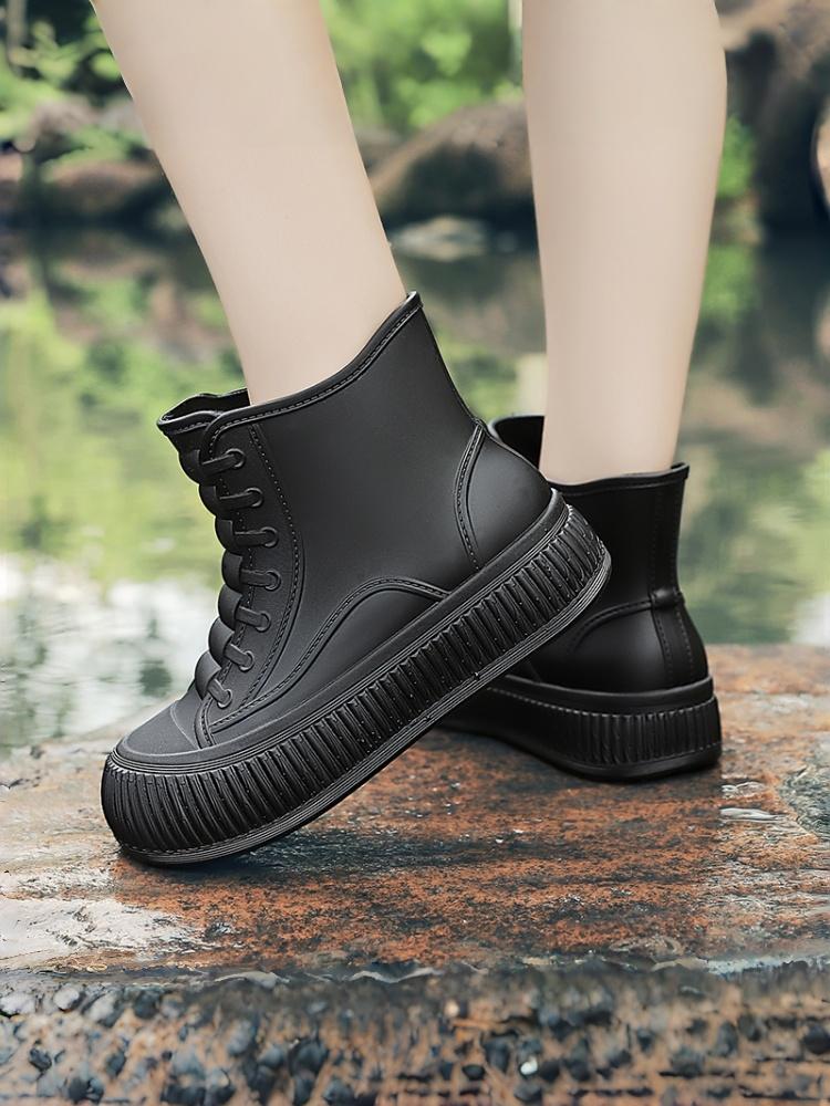 All-Around Vertical Deep Ridged Heighten Thick Sole Women High Top Rain Boots, Fluorescent Bright Green Matte Waterproof Rubber Shoes For Light Camping Lake Photo Trip Footwear