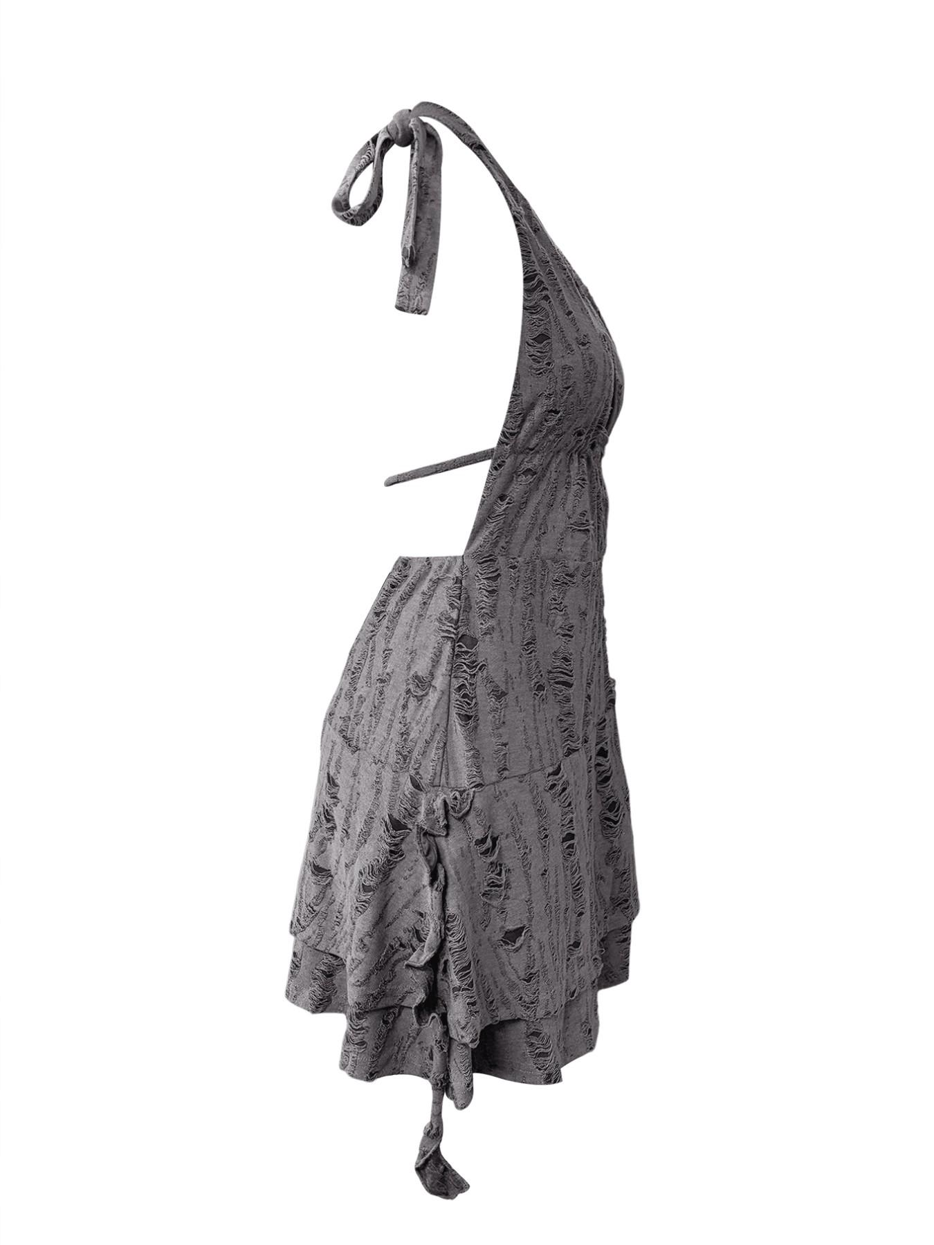 LovelyWholesale Women's Summer Vacation Solid Color Ripped Design Asymmetrical Hem Tie Halter Backless Sexy Mini Dress, Sexy Style, Perfect for Vacations