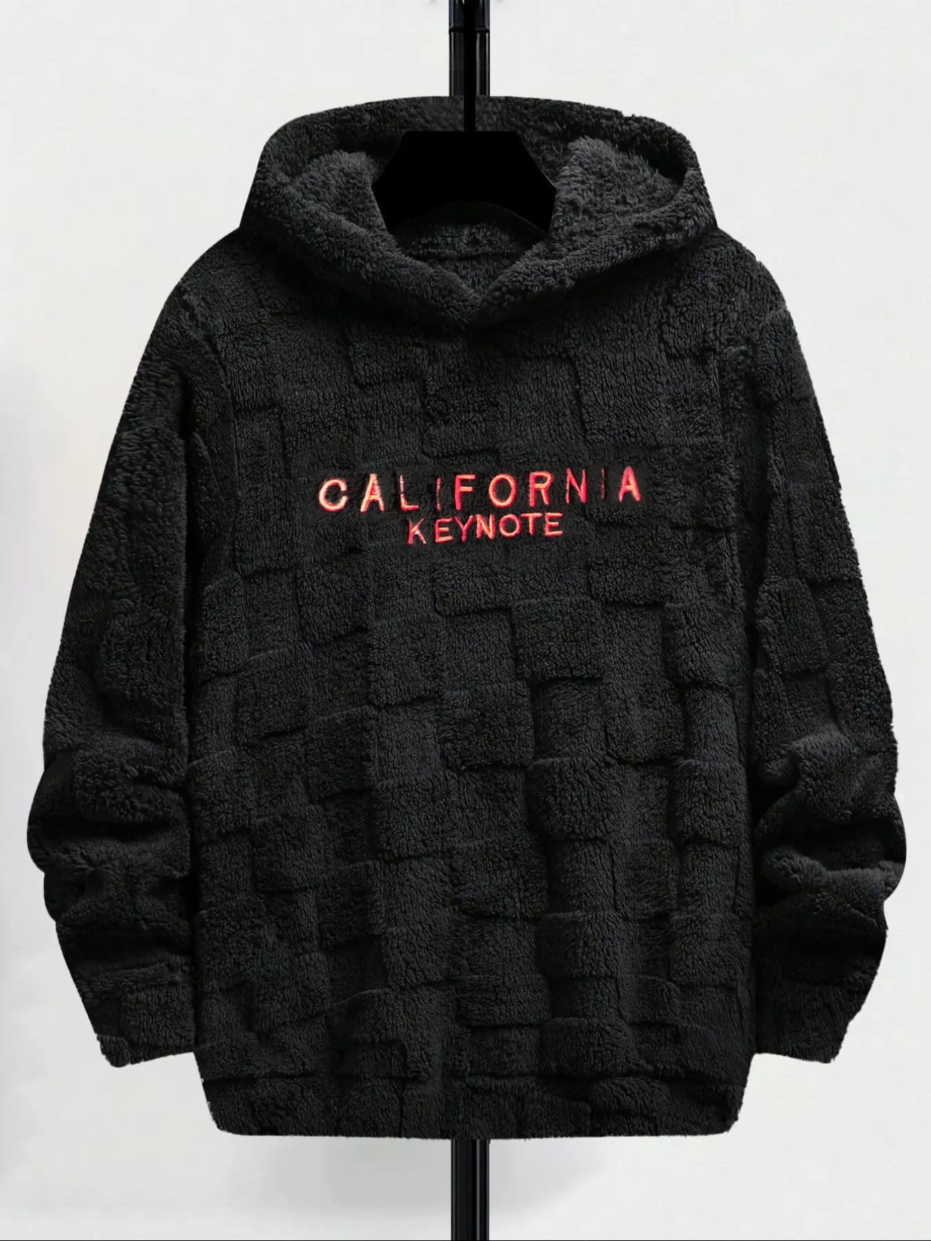 Men's California Keynote Embroidered Pullover Hoodie Fuzzy Warm Lining for Cold Days & Fall Relaxed Fit Drop Shoulder Design Machine Washable Cozy Interior Casual Fabric Christmas Embroidery Relaxed Fit Stretch Sweatshirts Textured