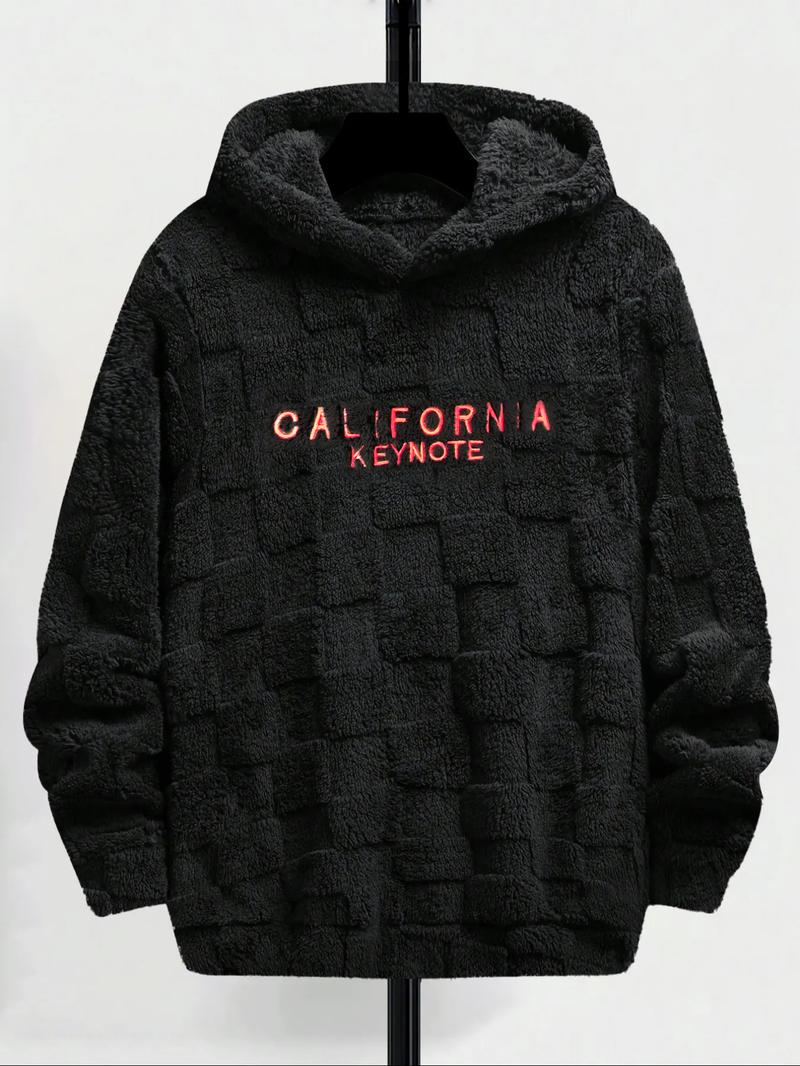 Men's Letter Embroidery Drop Shoulder Fuzzy Hoodie, Regular Fit Casual Fashion Fabric Long Sleeve Hooded Sweatshirt for Spring & Fall, Mens Clothing, Fashion Men's Longsleeves Clothes for Daily Wear, Streetwear, Trendy Clothes