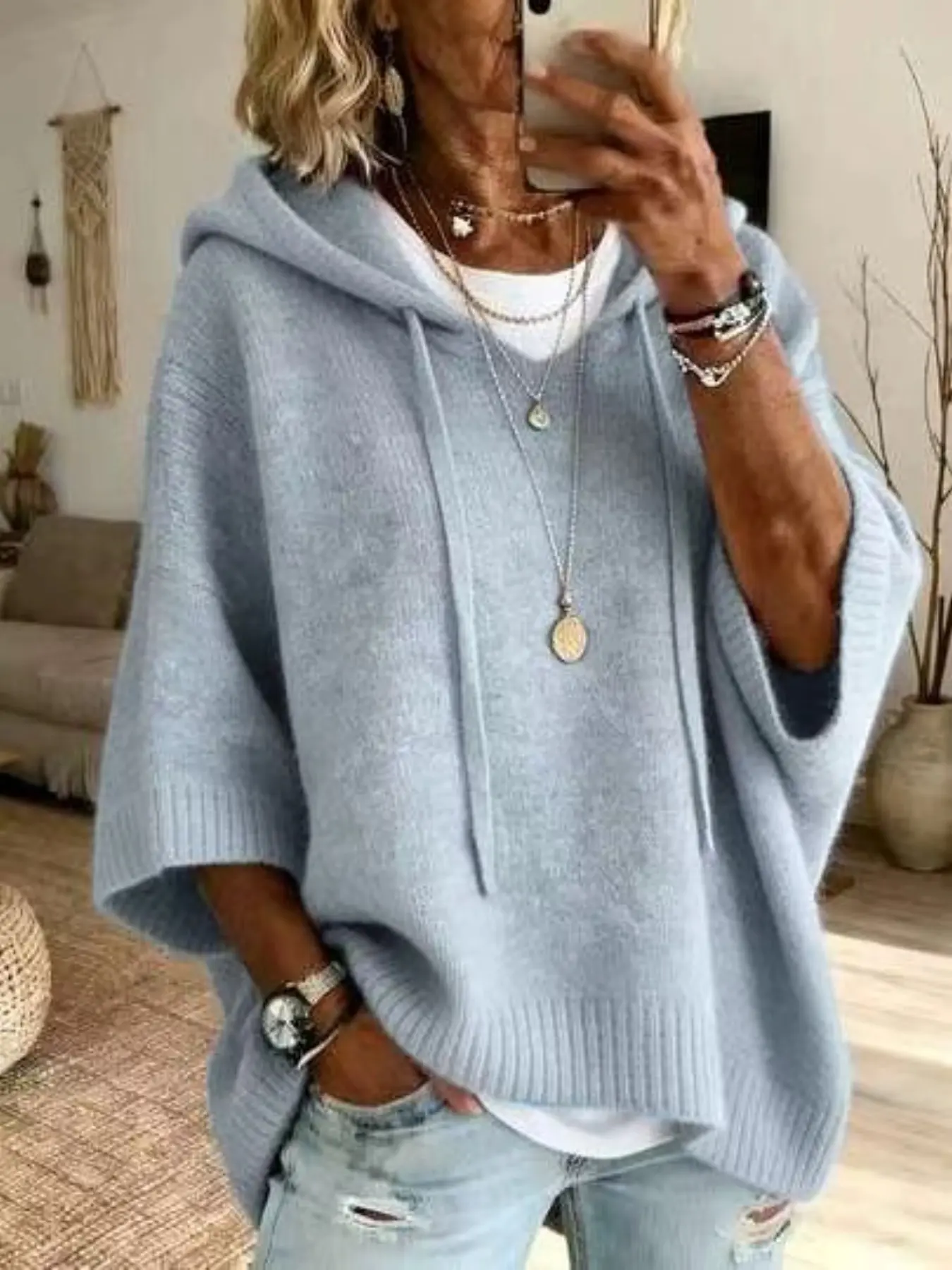 Women's Fashion Casual Basic Loose Knit Sweater, Seven-Quarter Sleeve Hooded Drawstring Pullover, Fall Winter Warm Comfortable Outerwear