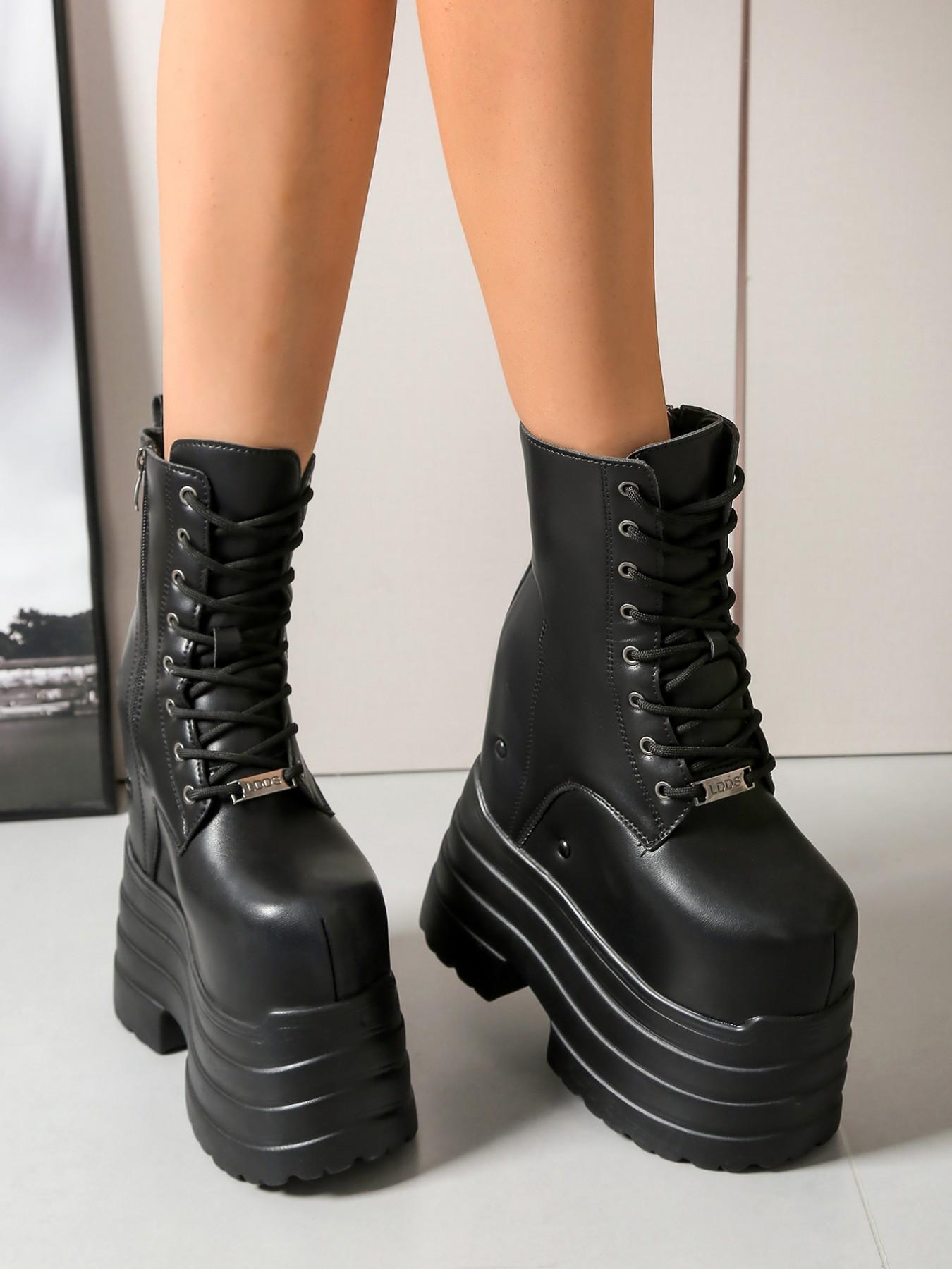 Women's 17CM Ultra Height Boost Platform Combat Boots | For Cosplay Anime Convention | Gothic Punk Y2K Style | PU Leather Lace-Up Non-Slip Lug Sole Round Toe | For Comic Con, Cosplay Event, Rave Festival, Alt Outfits