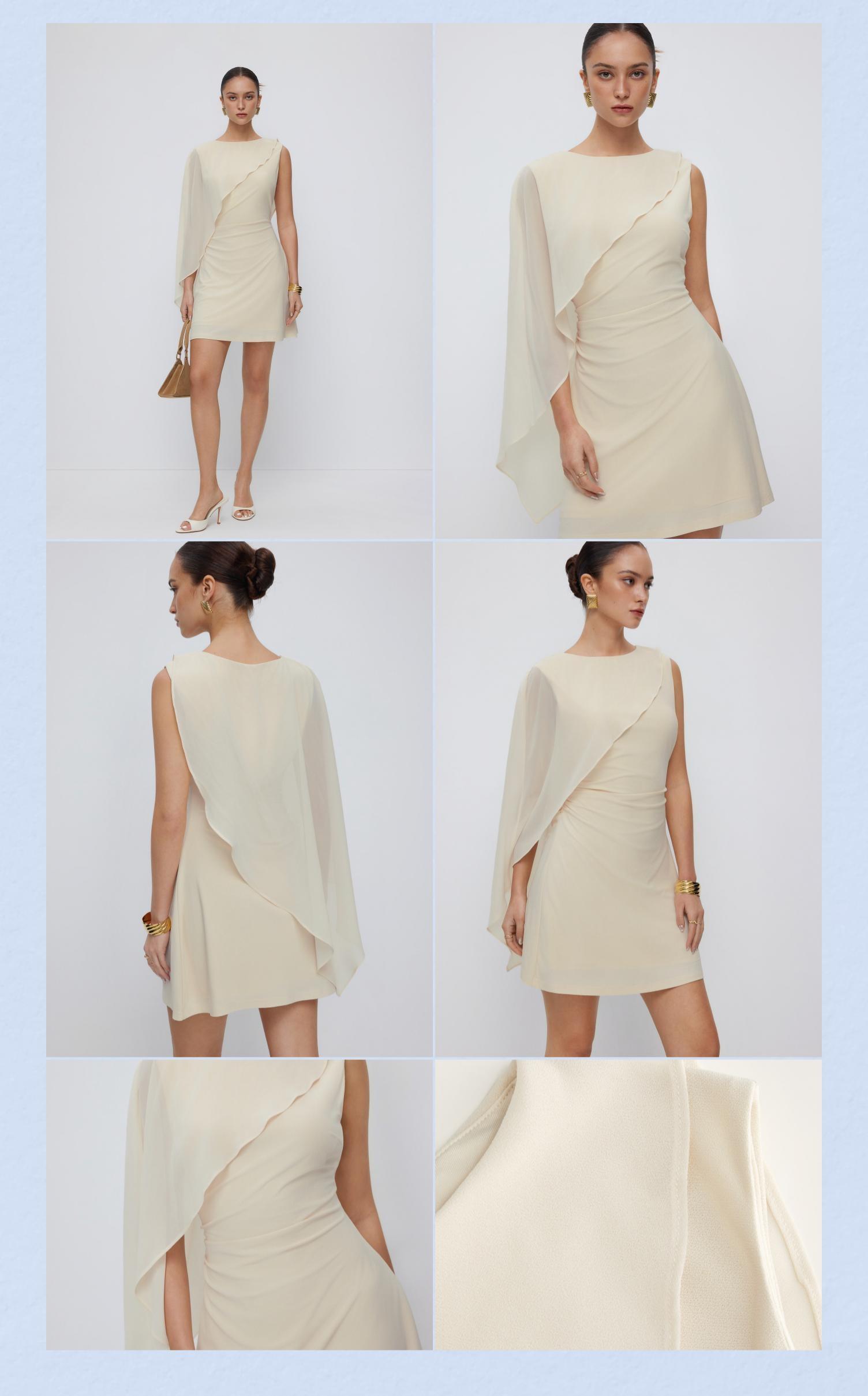 Cider Textured Boat Neck Ruched Asymmetrical Draped A-line Mini Dress SohoChic