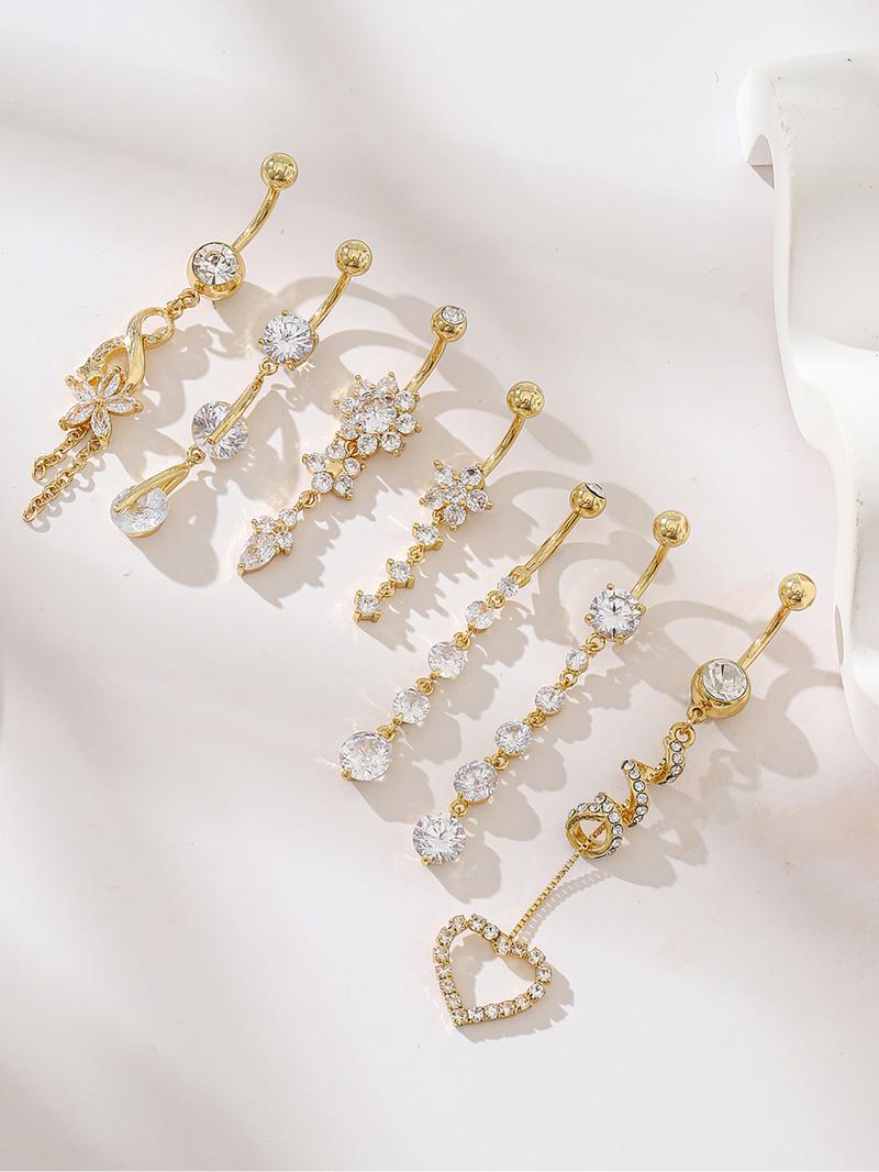 Women's Elegant Rhinestone & Flower & Heart Decor Belly Rings, Exquisite Trendy Belly Piercing Jewelry, Chic Body Jewelry for Party & Daily Decor, Sparkling Zircon Inlay