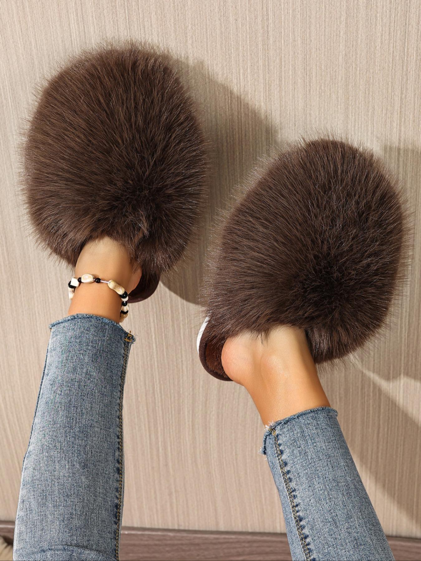 New Trendy Plush Fur Slippers, Super Cute Fashion Warm Home Shoes, Fuzzy Warm Slippers, Anti-Slip Thick Sole Cat-Feeling Cotton Slippers, Girls' Gift