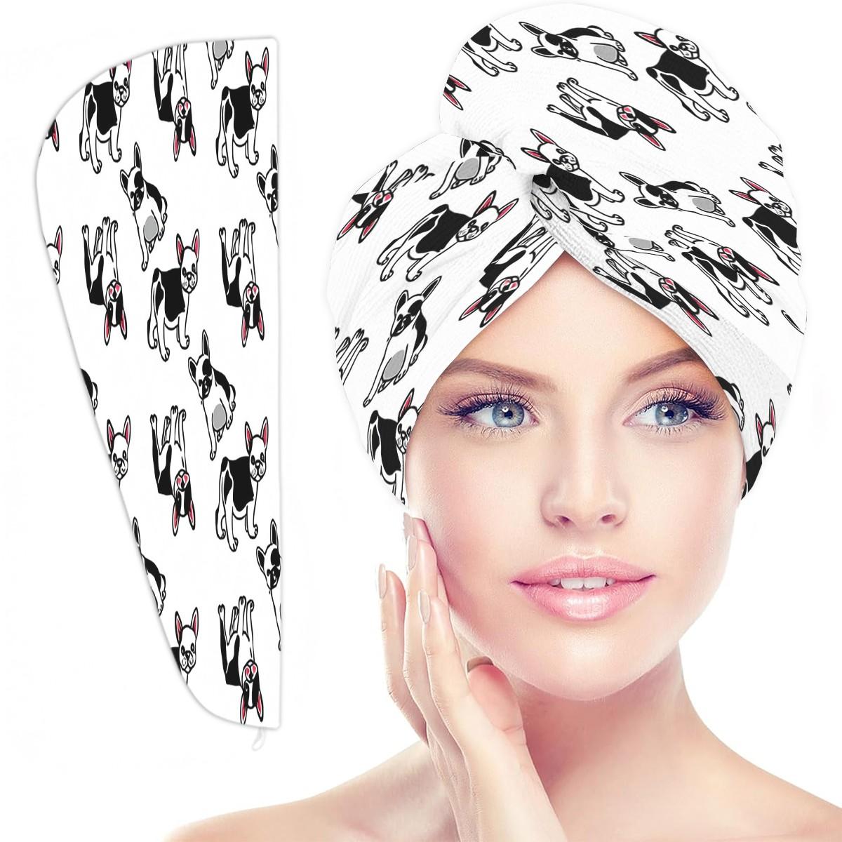 Bulldog print bath skirt + hair drying cap set, plus sizes M-XXXXL, high-quality microfiber, soft and absorbent, non-slip adjustable shower wrap, multi-purpose spa bathrobe, suitable for dog lovers, bathrooms, pools, and beaches
