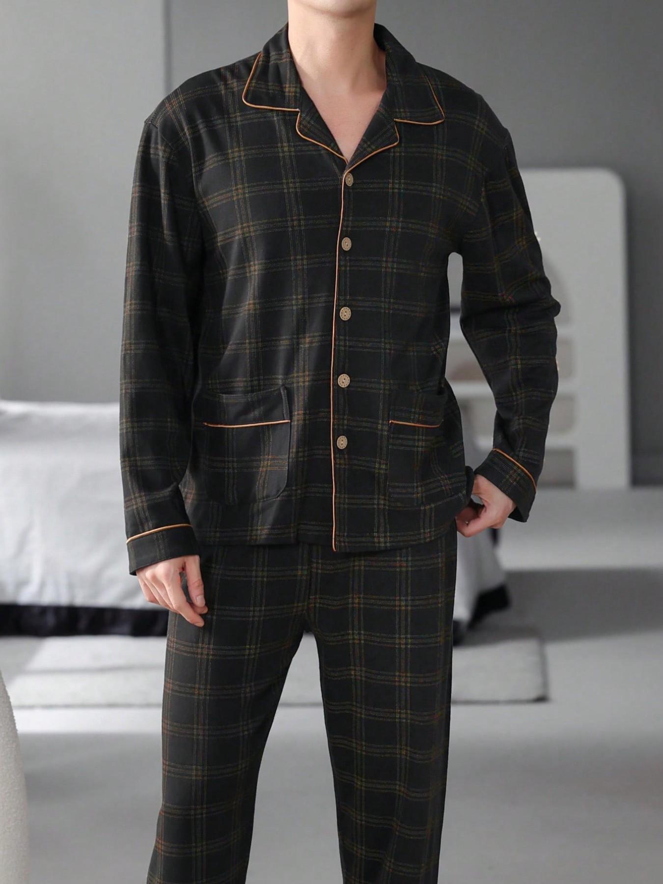 Men's 2-Piece Top and Pants Sleepwear Loungewear Set, Long Sleeve Plaid Checked Colorblock Pajamas, Loose-Fit Casual Spring & Fall Home Clothes, Comfortable Nightwear, Casual Comfy Pajama