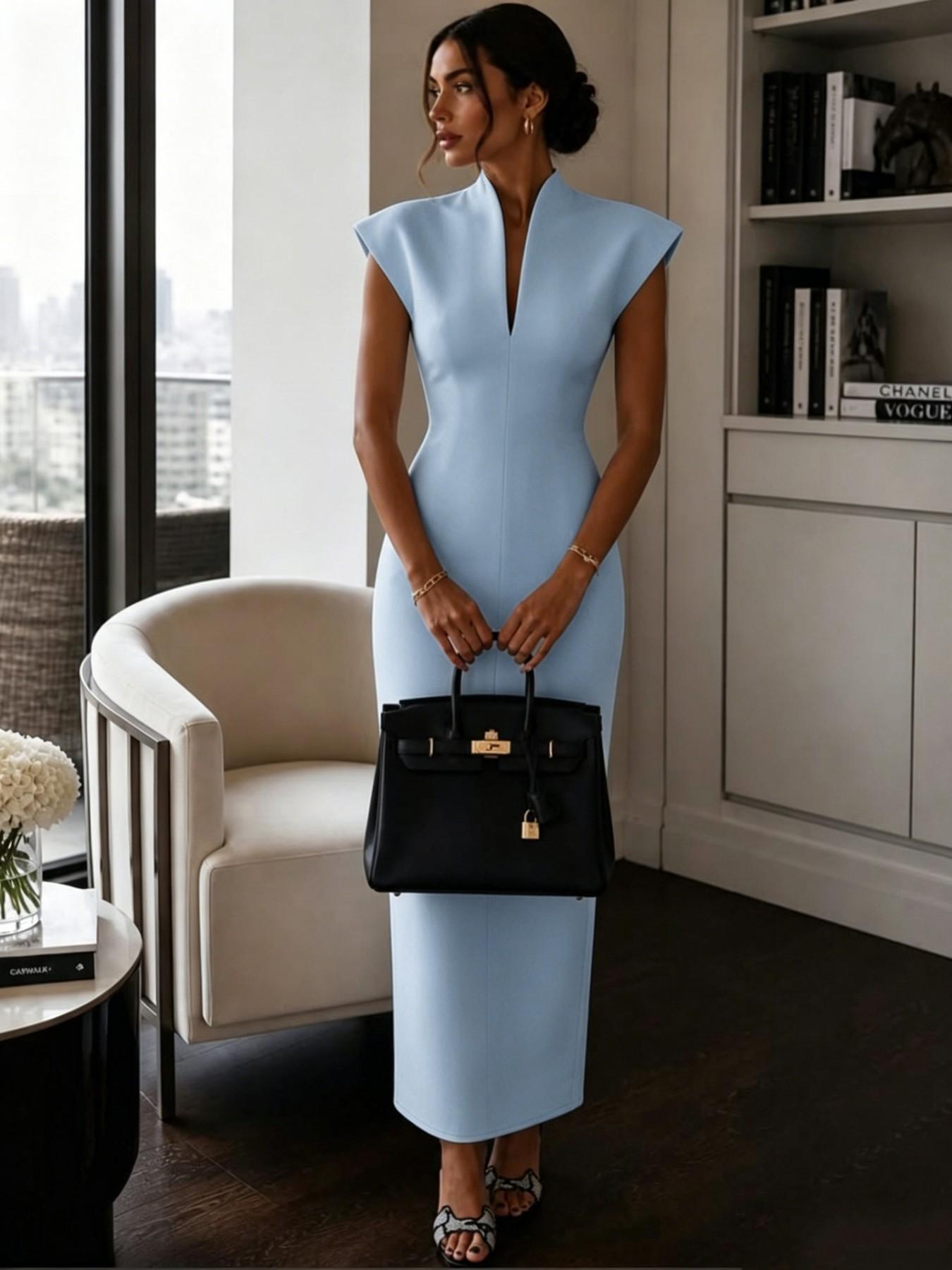 2026 Summer New Stand Collar V Neck Sleeveless High Waist Bodycon Dress, Solid Color Elegant Slimming Party Gown, Fashionable A-Line Skirt 2026 Summer New Stand Collar V Neck Sleeveless High Waist Bodycon Dress, Solid Color Elegant Slimming Party Gown, Fashionable A-Line Skirt
