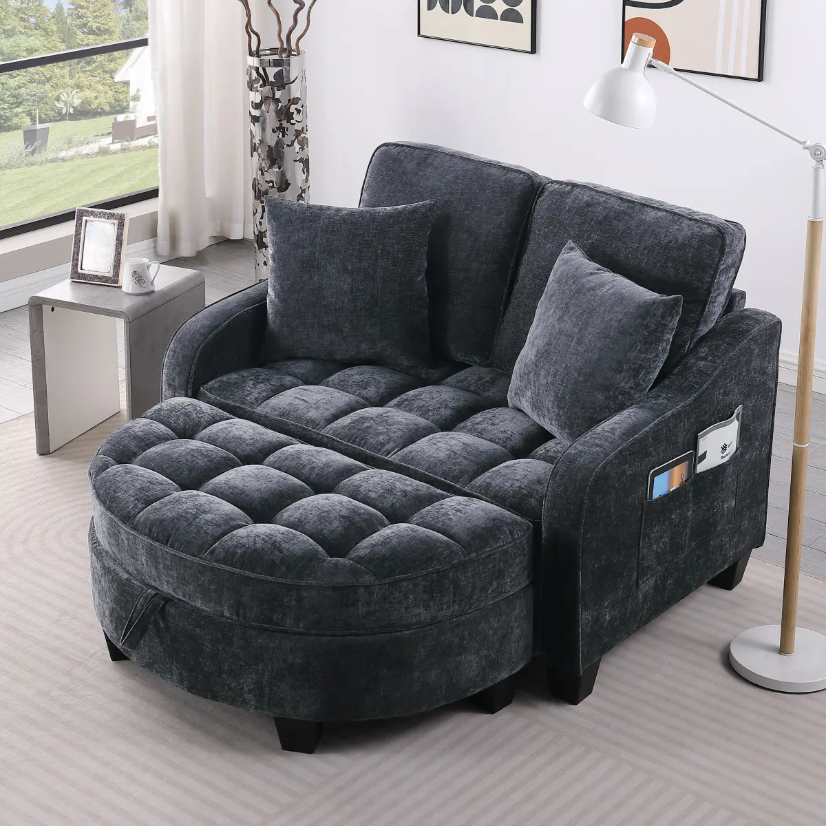 2-Seat Modern Foam Couch with Double Chaise, Hidden Storage Ottoman, Fixed Sculptural Irregular Arms, Ergonomic Backrest, Check Cushion, Curved Silhouette, 2 Throw Pillows, Assembly Required - Indoor Furniture for Living Room (Black)