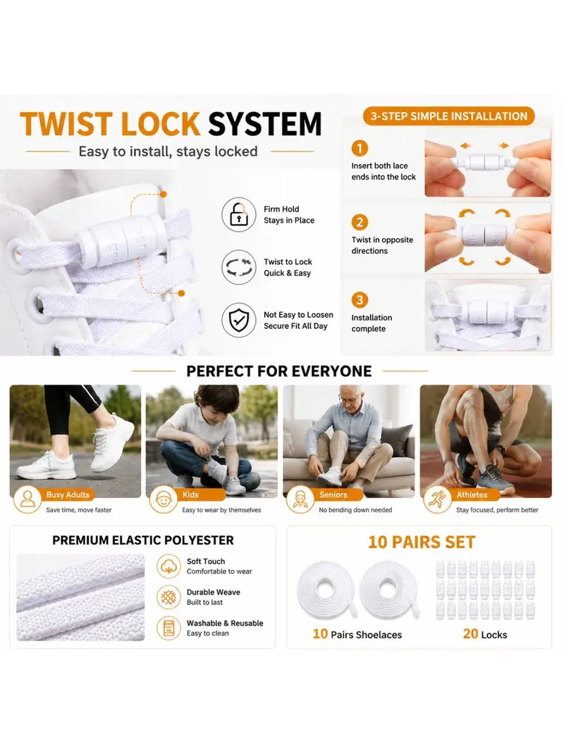 10 Pairs Adjustable Laces with Locks, Elastic Stretch Shoelaces for Kids and Adults, Quick Install Sports Shoes Laces, Shoe Strings for Sneakers