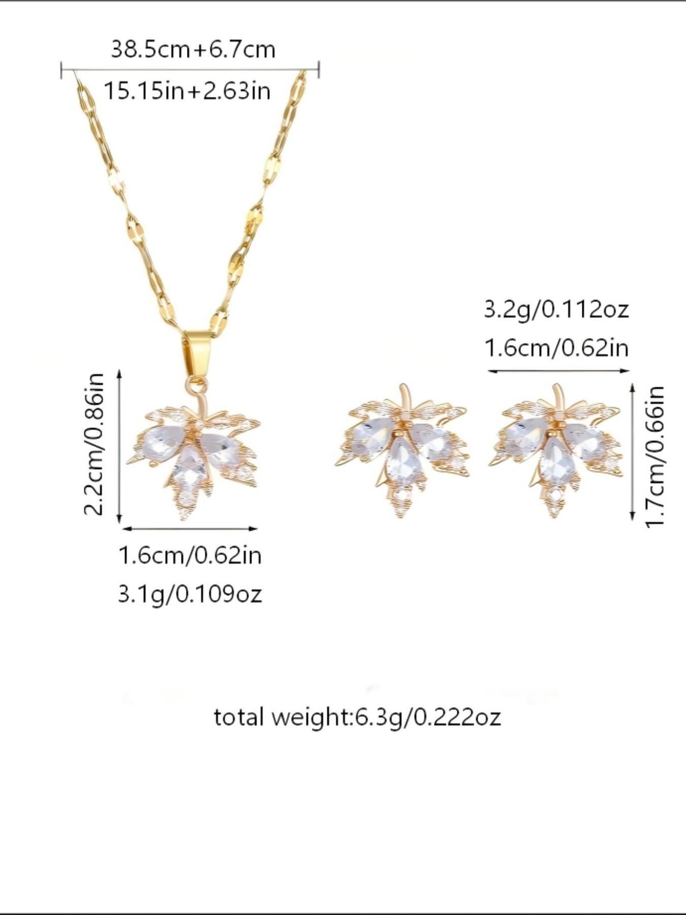 Maple Leaf Zircon Necklace Earrings Set, Elegant Jewelry for Women, Wedding Dinner Wear, Hypoallergenic, Sparkling, Skin-Friendly
