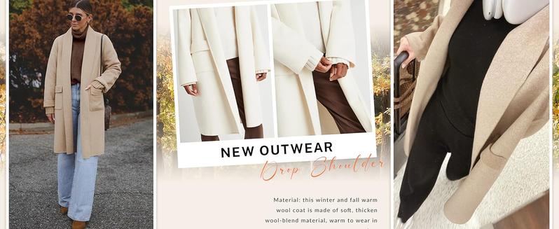 Ommig Women's Long Cardigan Wool Coat Open Front Pockets Warm Lapel Jacket Coat Fall Outerwear