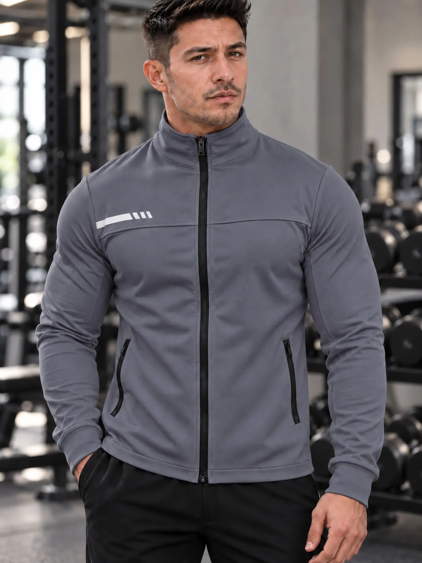 Men's Stand Collar Quick-Dry Sports Jacket, Slim Fit Gym Outerwear, Elastic Sporty Jacket for Men, Stand Collar Slimming Fast Drying Top, Casual Athletic Jacket, Sports Outwear