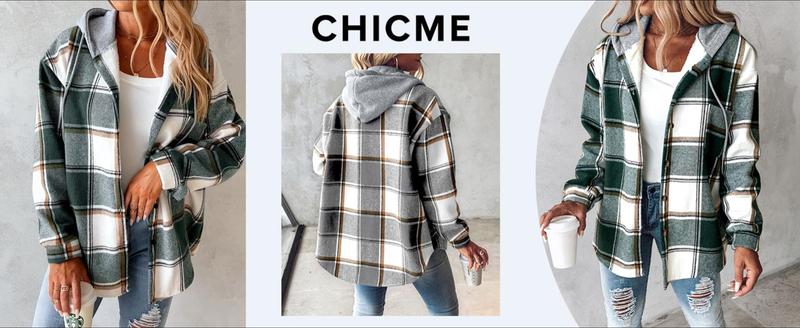 ChicMe Women‘s Plaid Hooded Warm Shacket/Plaid Fleece Lined Hooded Shacket- Lightweight Fleece Lined Jacket, Button-Down Casual Coat for Fall & Spring