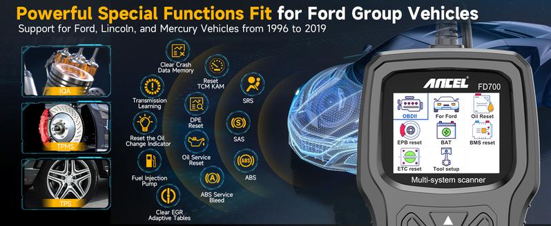 ANCEL FD700 Full System OBD2 Scanner Fits for Ford Lincoln Mercury Vehicles All Functions Automotive Disgnostic Scan Tool with Battery Registration ABS SRS SAS BMS Oil Reset TPMS Engine IQA EPB Regen