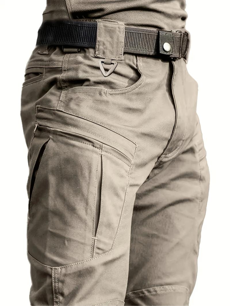 Men's Tactical Work Pants with Zipper Pockets, Plain Design, Durable Fabric, Casual Outdoor Hiking & Construction, Adjustable Waist