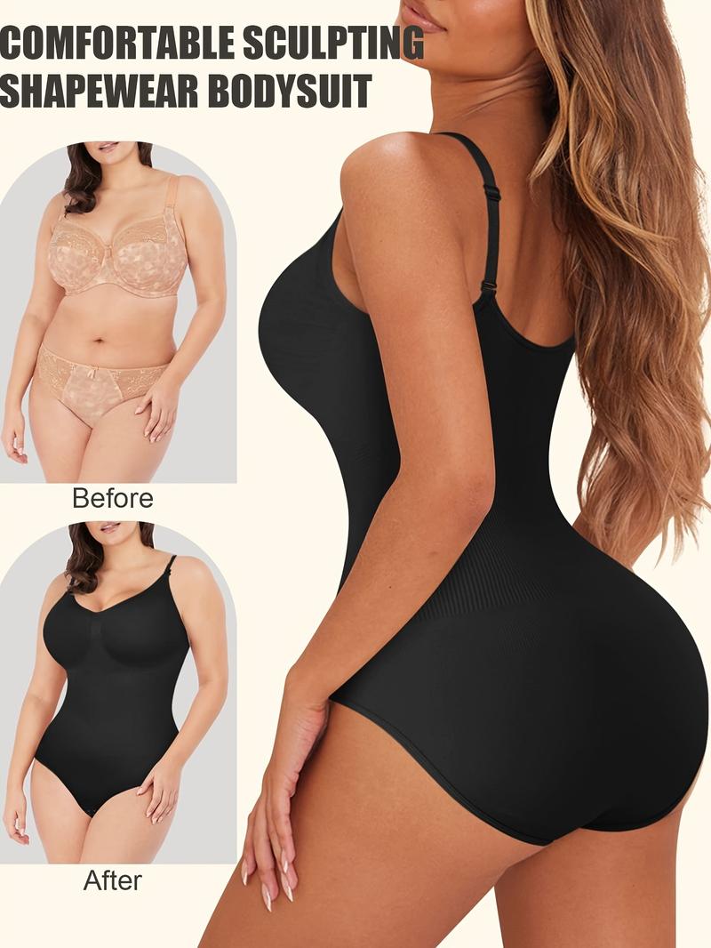 Women's Solid Open Crotch Design Shapewear Bodysuit, V Neck Adjustable Strap Tummy Control Curve Hugging Compression Shaper, Casual Women's Shapewear for All Seasons