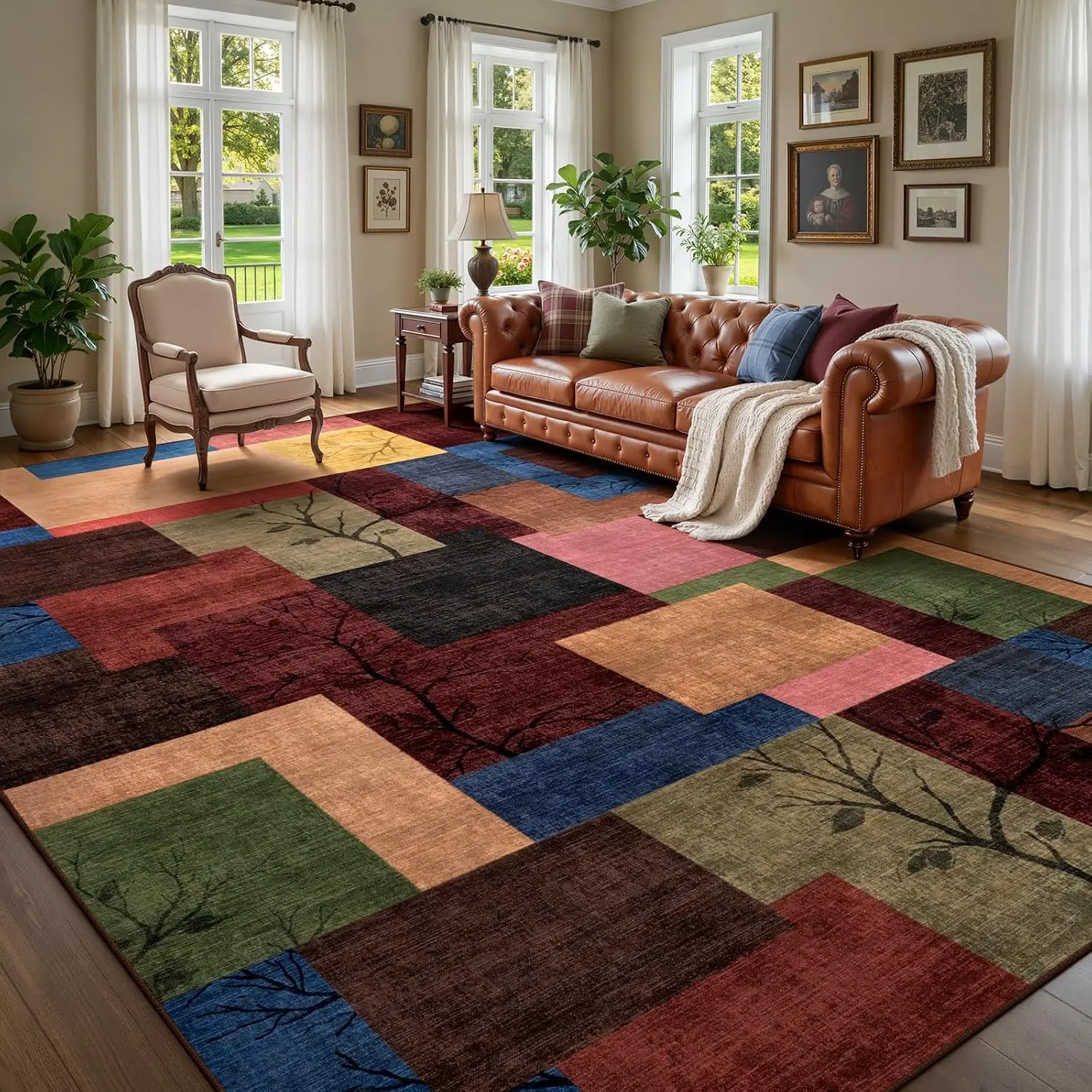 Large Area Rugs for Living Room, Geometric Patchwork Carpet Non-Slip