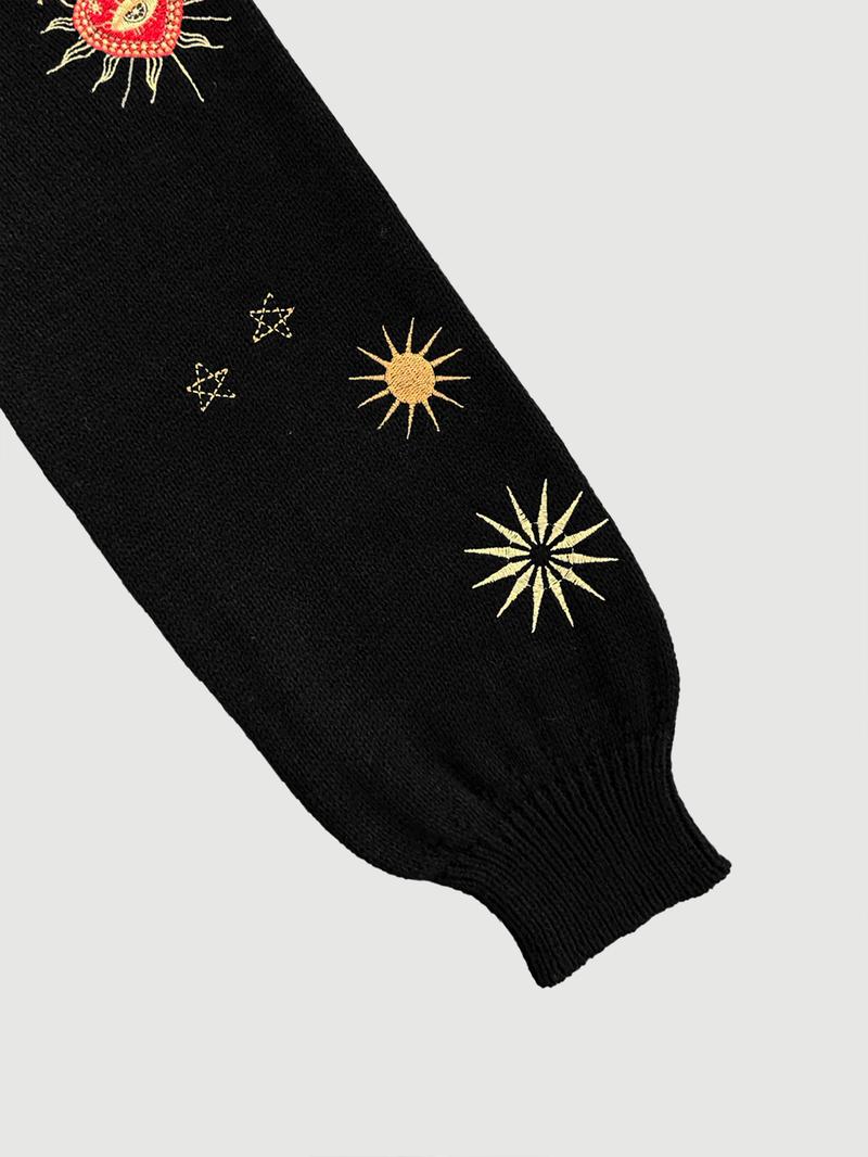 Women's V-Neck Button-Up Knit Cardigan Knitwear, Cropped Loose Fit Long Sleeve with Love Sun Star Embroidery, Ribbed Detail for Fall Winter