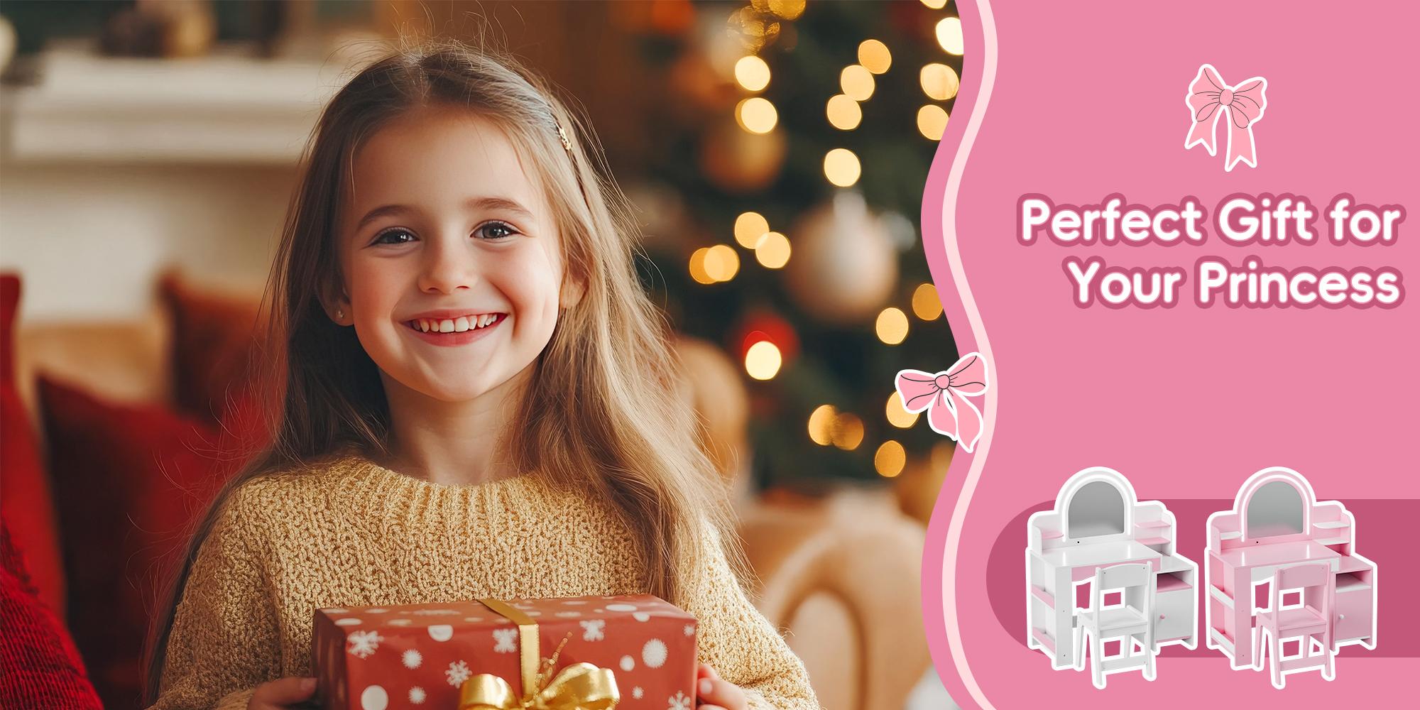 Topwin Modern Pink & White Vanity Desk Set with Lighted Mirror and Chair | Storage Shelves | Makeup Table with Drawer